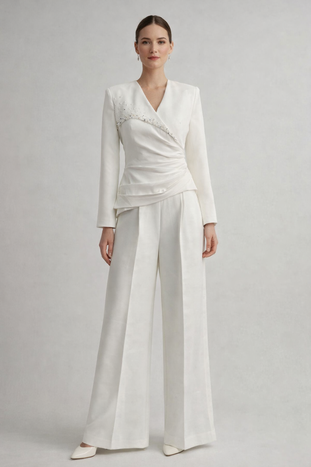 long sleeve wrap top with embellished neckline and wide-leg pants set – IVORIA