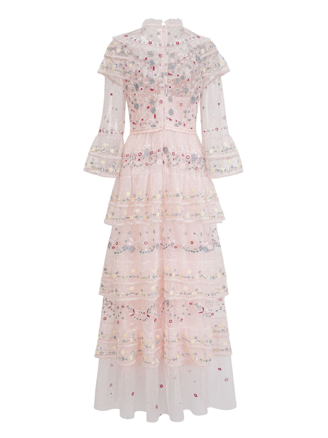 high-neck embroidered tulle maxi dress with layered ruffles – BLUSH