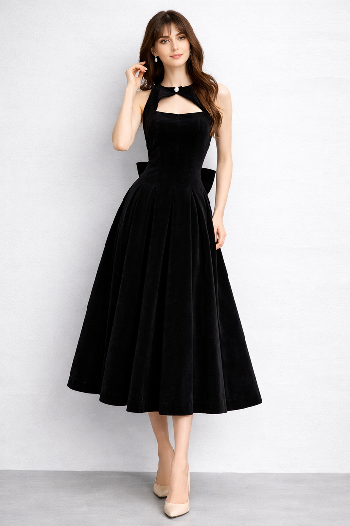 Name: sleeveless fit-and-flare dress with keyhole neckline and back bow – RUBINA
