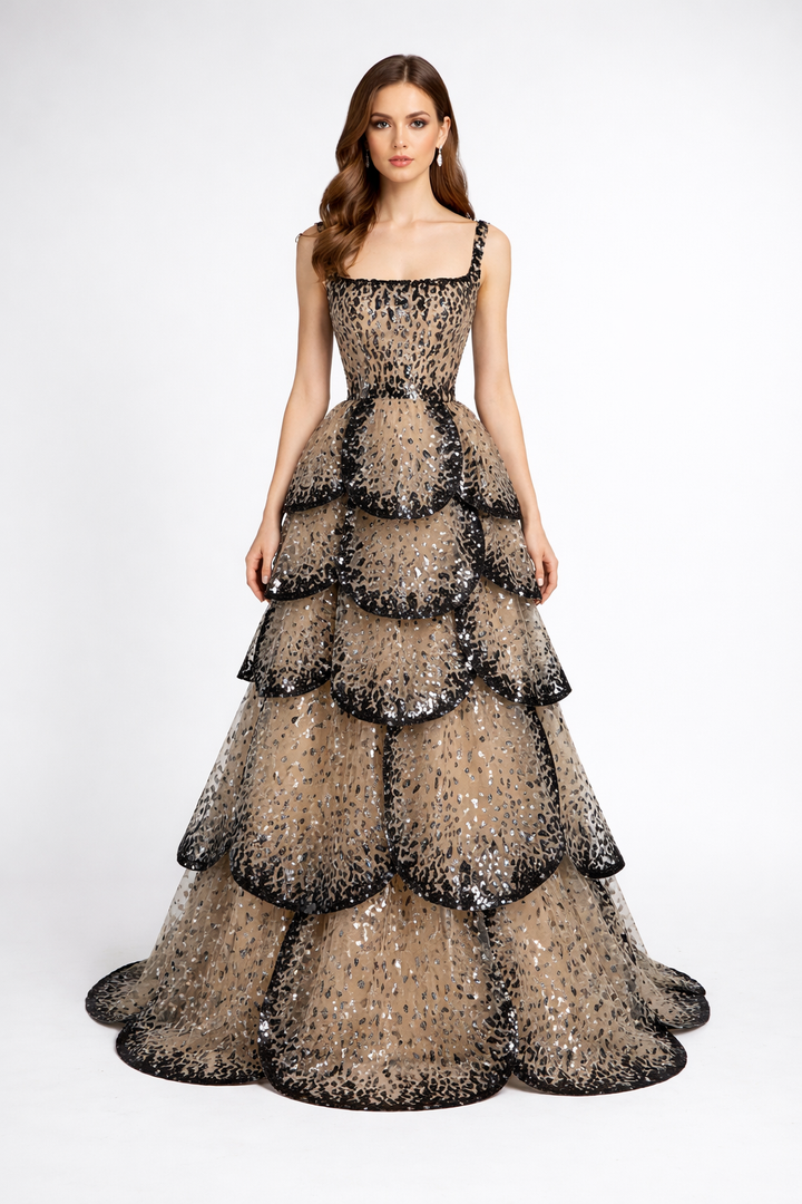 long sleeve ball gown with layered leopard sequin skirt – SAVANNA