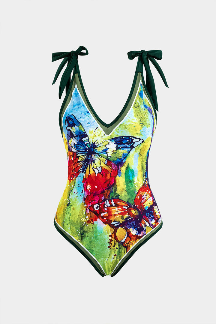 Butterfly Print Tie Up Backless Tummy Control One-Piece Swimsuit