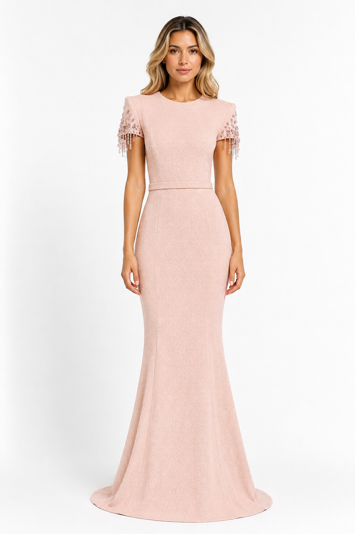 Blush Beaded Sleeve Mermaid Gown - Rosé
