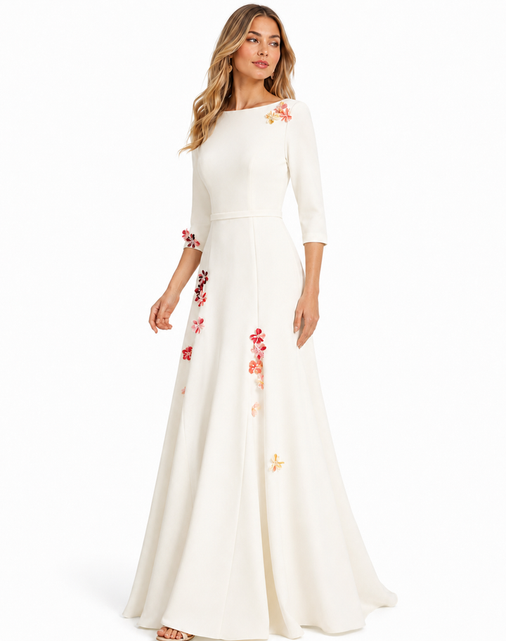 Floral Embellished Ivory A-Line Maxi Dress - Blossom
