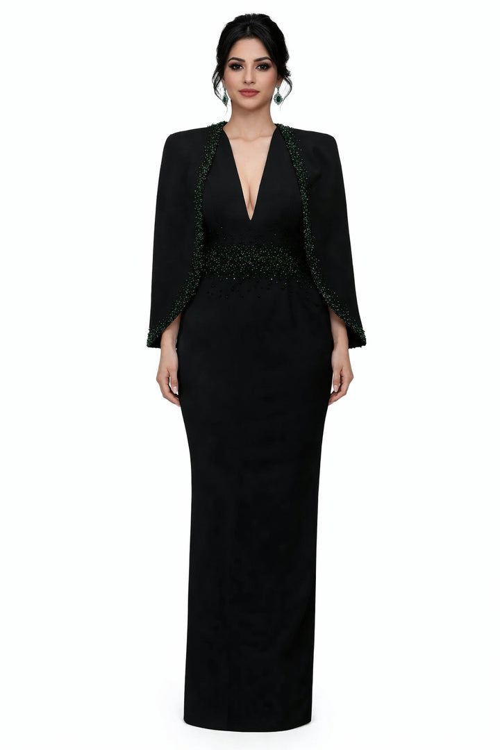 plunging v-neck gown with embellished cape – EMERALD-1
