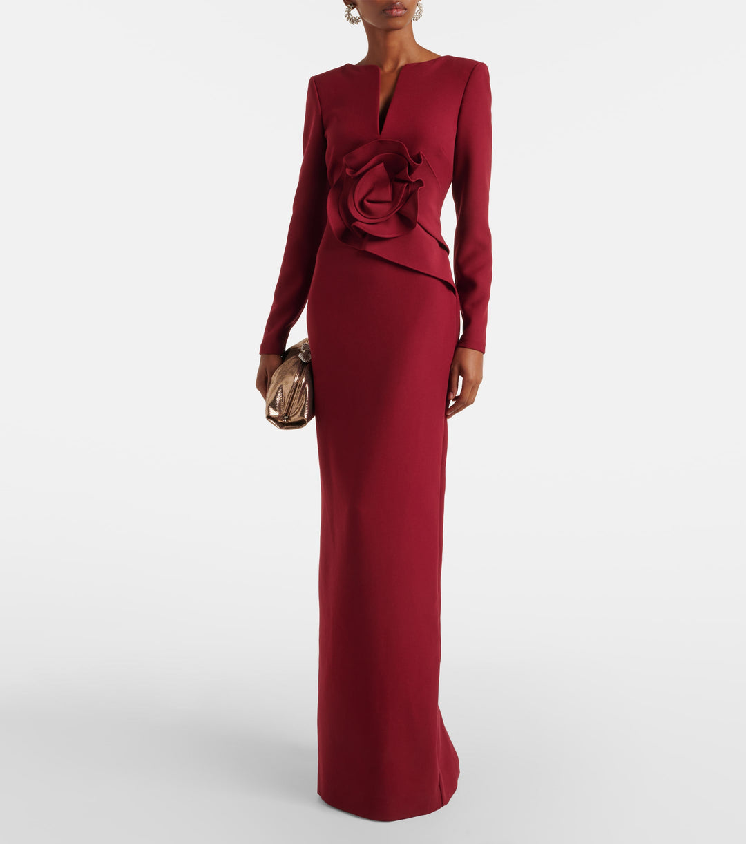 long-sleeve gown with satin rose applique – NOELLE