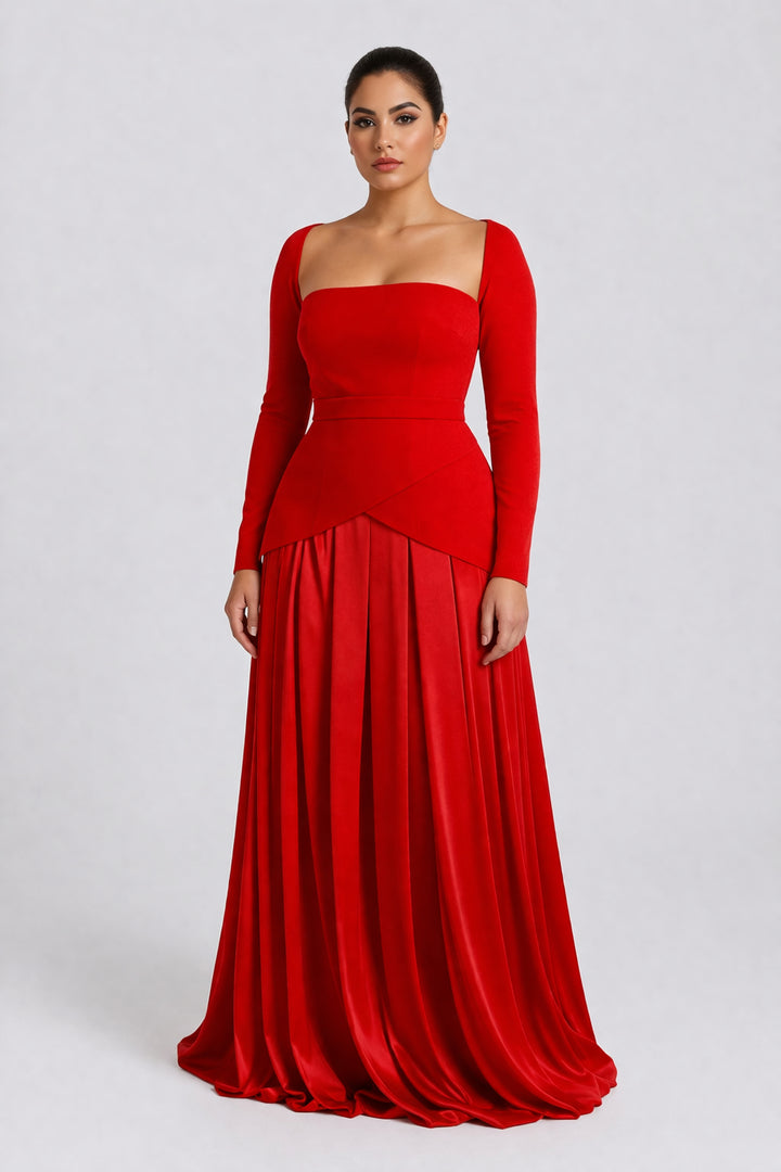 long-sleeve satin gown with structured bodice – CRIMSON-1