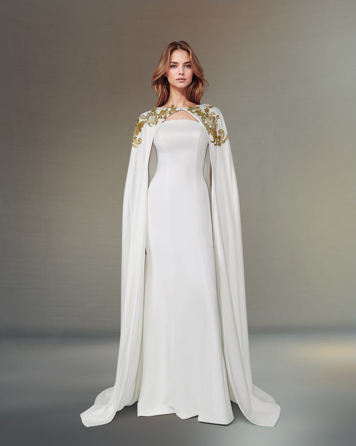 Strapless column dress with sequined maxi cape