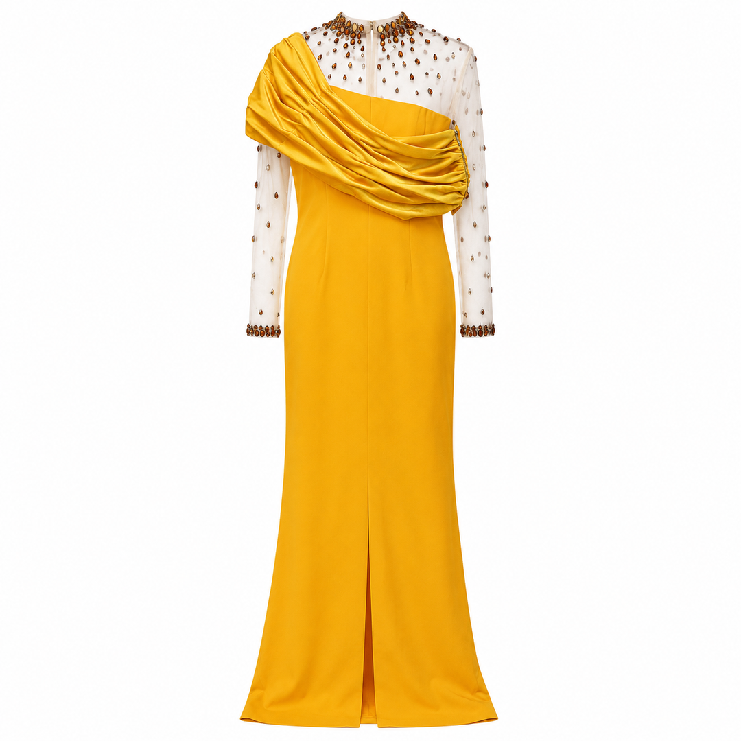 Golden Mustard Draped Evening Gown – Luxe