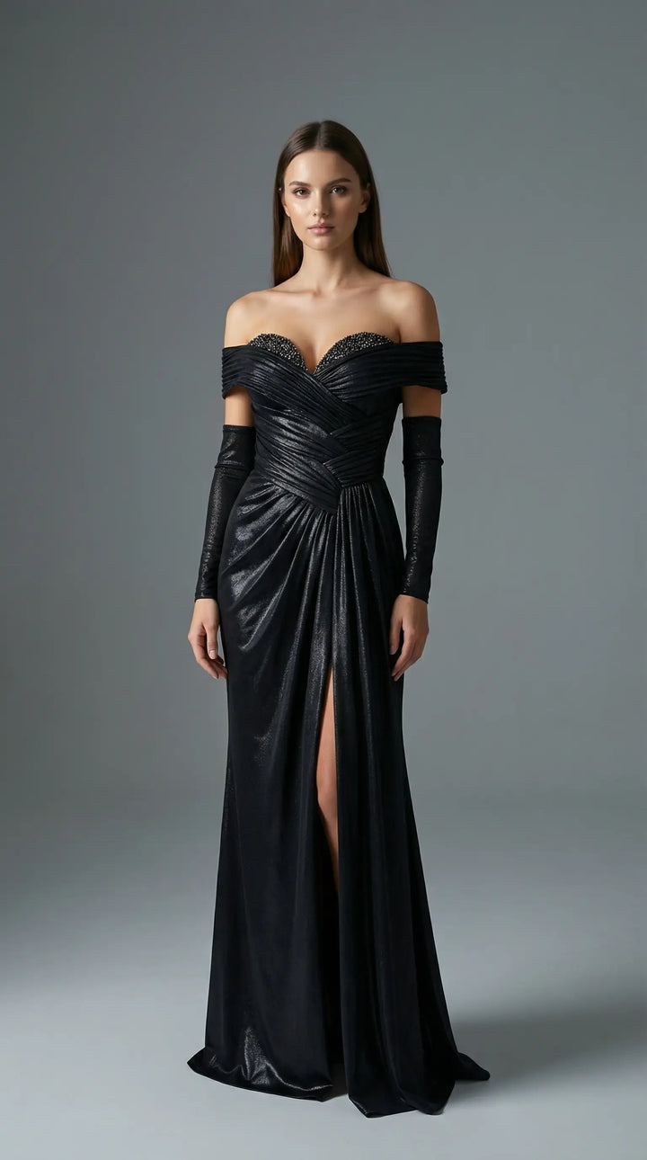 A shimmering, off-the-shoulder evening dress embellished with crystals 2436- JOLII