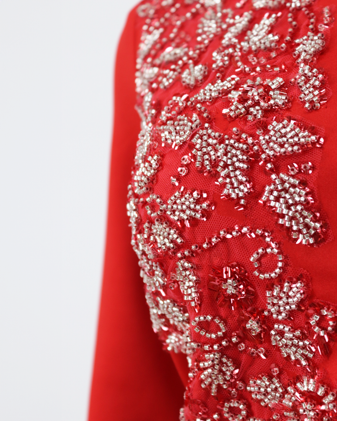Red Floor-Length Beaded Dress with Puffed Sleeves