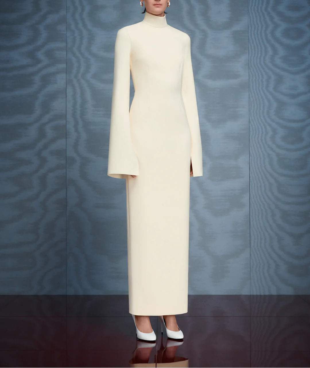 high-neck column gown with flared sleeves – JOSEFINE