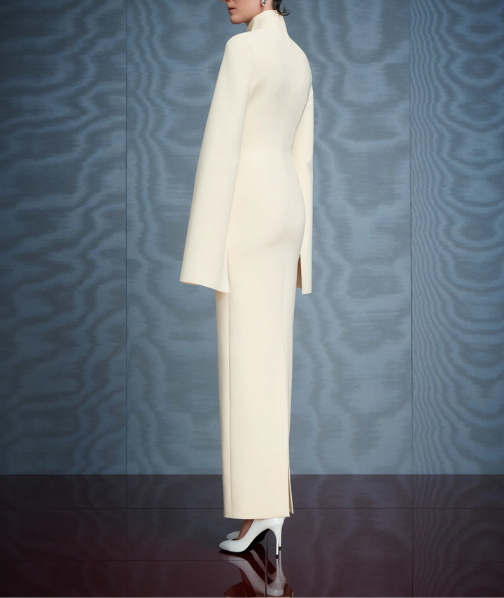 high-neck column gown with flared sleeves – JOSEFINE