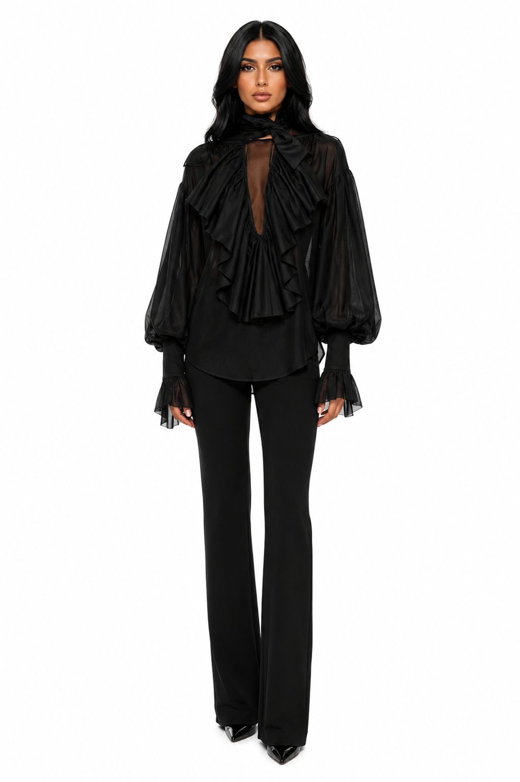 Ruffled Balloon-Sleeve Blouse – Midnight