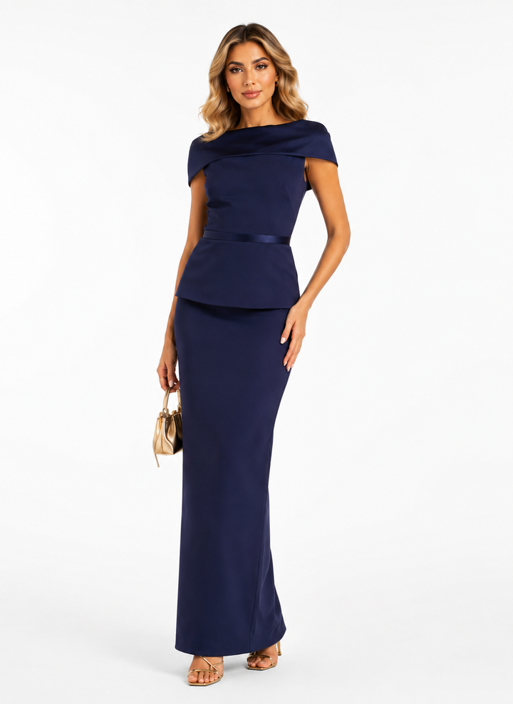 Folded Off-Shoulder Peplum Gown - Midnight
