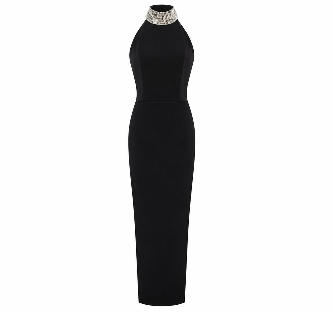 Embellished Halter Column Gown – Obsidian
