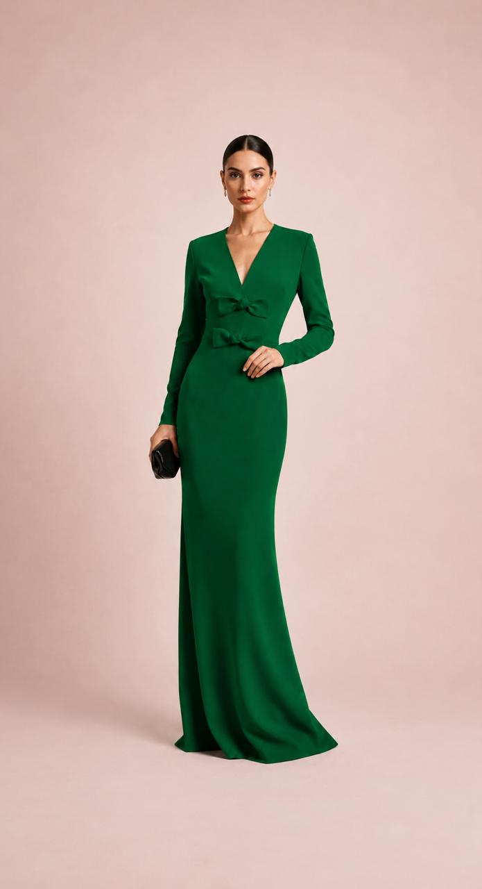 Emerald Green Bow-Detail Long Sleeve Gown – VERDANT