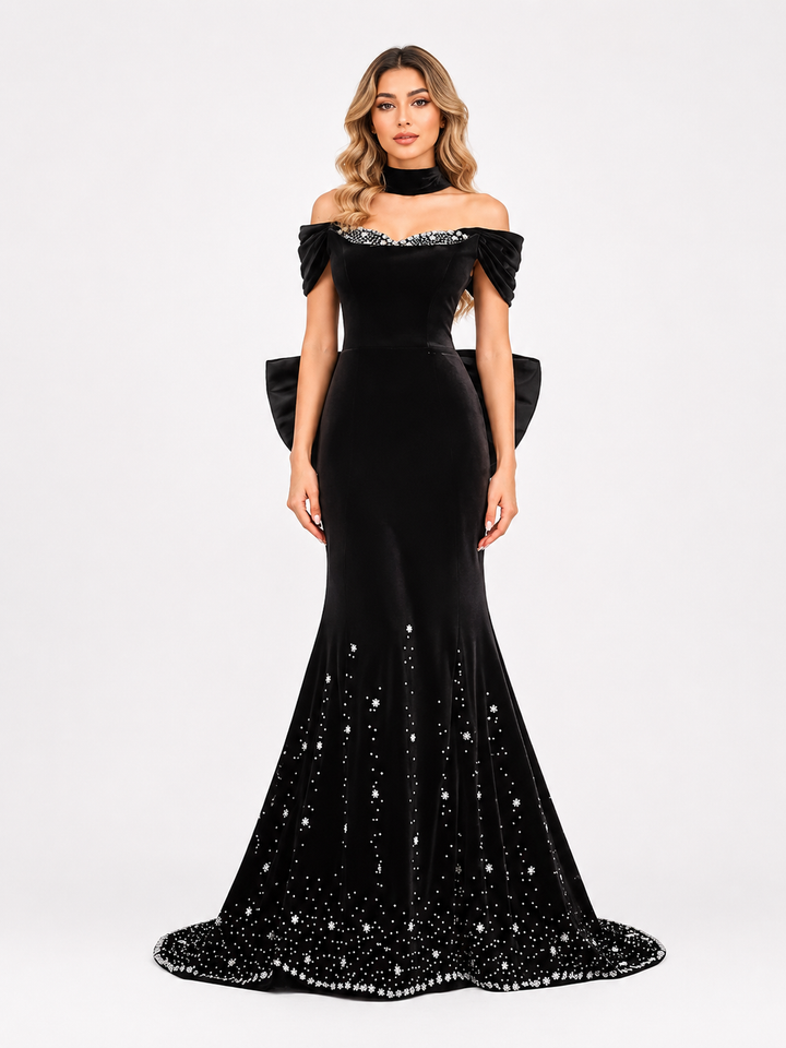 Crystal Off-Shoulder Mermaid Gown - Midnight