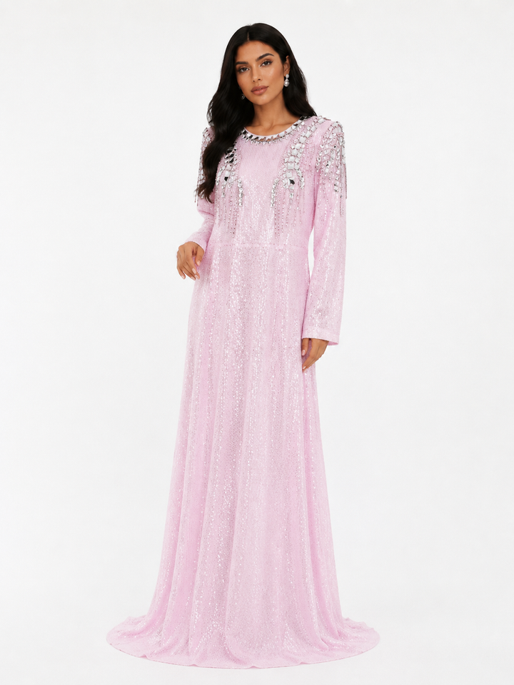 Mirror Embellished Sequin Gown - Blush