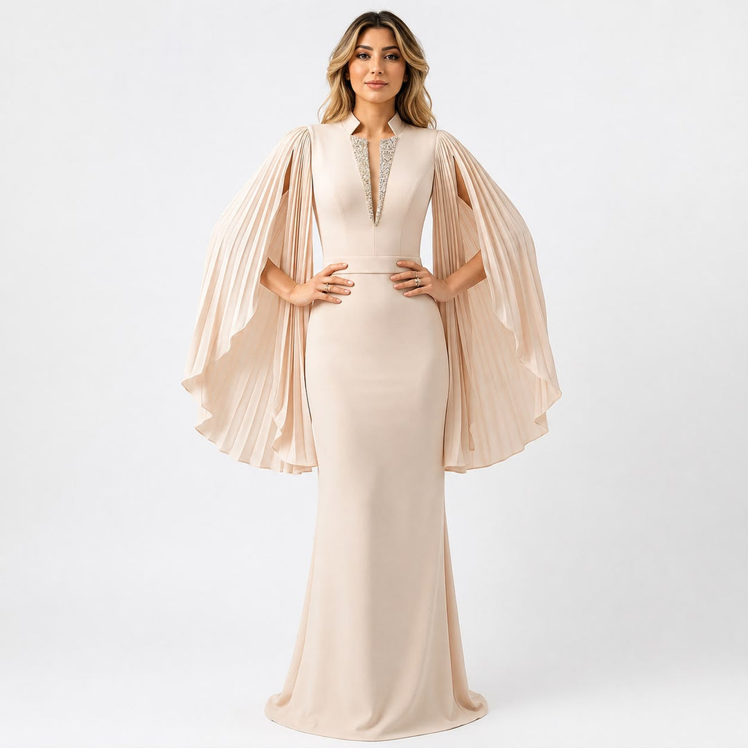 Embellished V-Neck Cape Sleeve Maxi Dress - Champagne