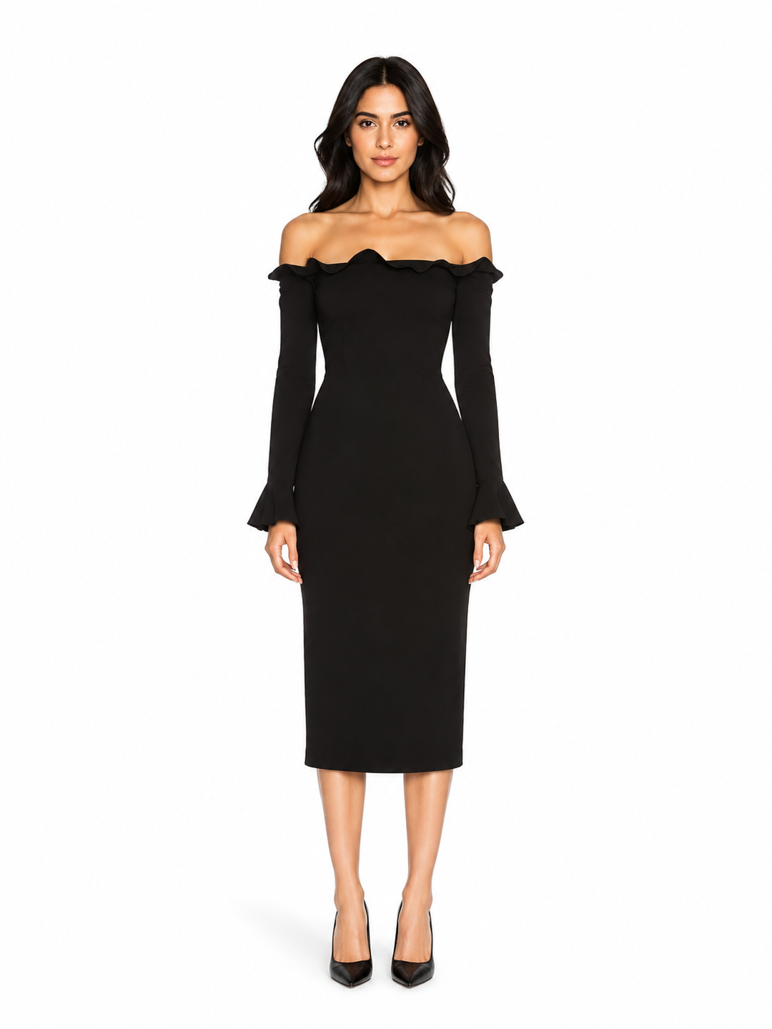 Black Off-Shoulder Ruffle Midi Dress – Noiré