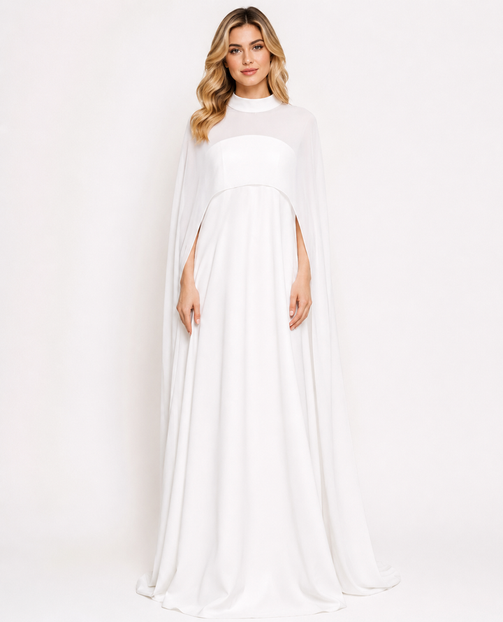 White High-Neck Cape Evening Gown – Serene