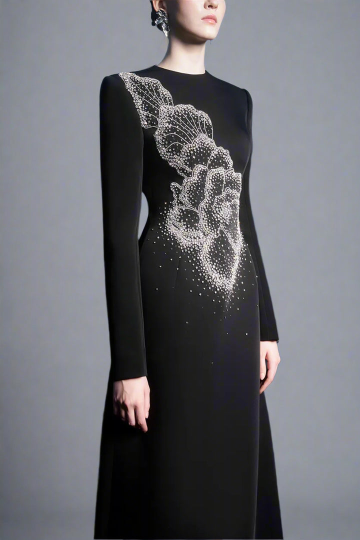 Long-Sleeve A-line Dress with Beaded Floral Accents - BLOSSOM