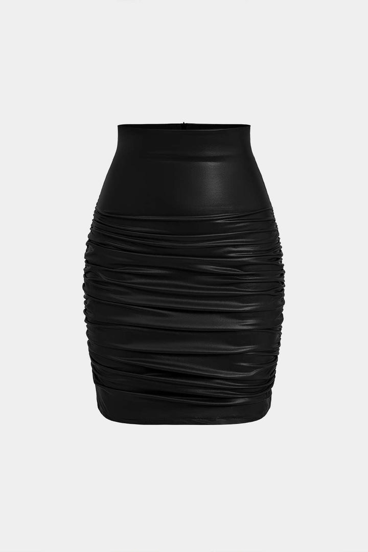Solid Faux Leather Ruched Skirt
