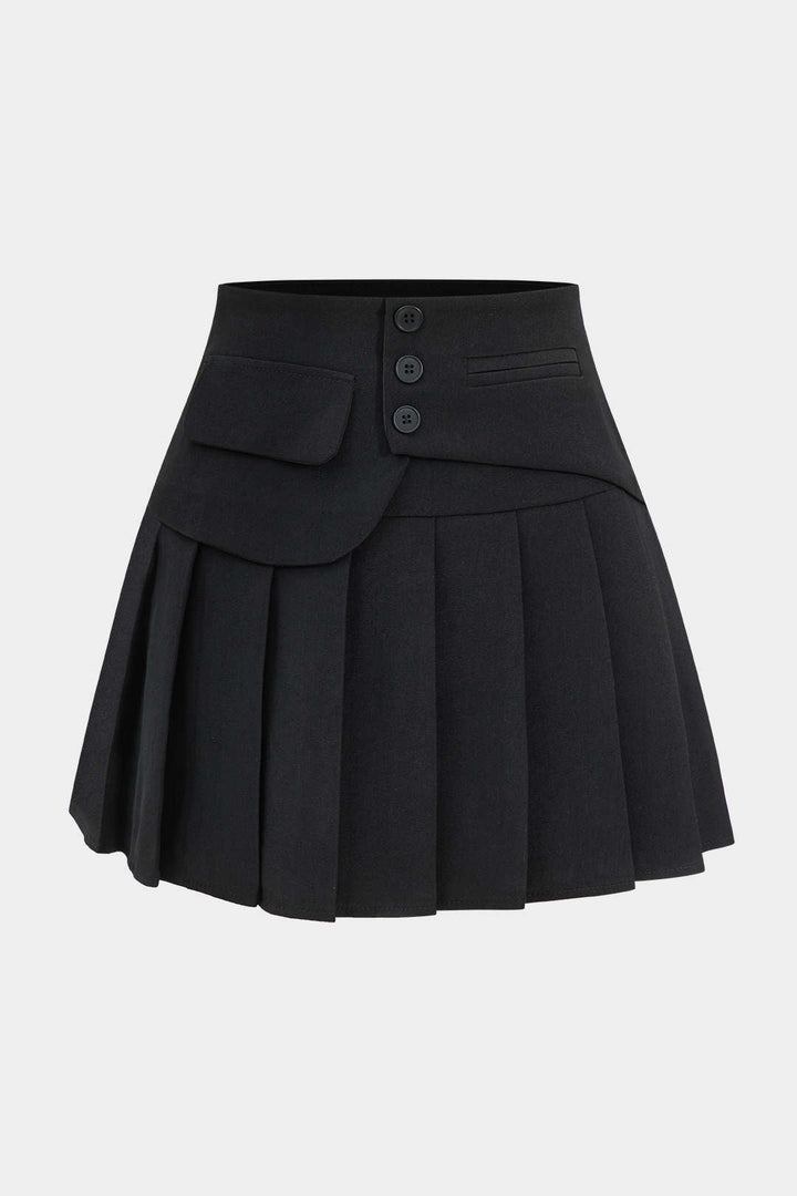 Pleated Asymmetrical Button Pocket High Waist Skirt