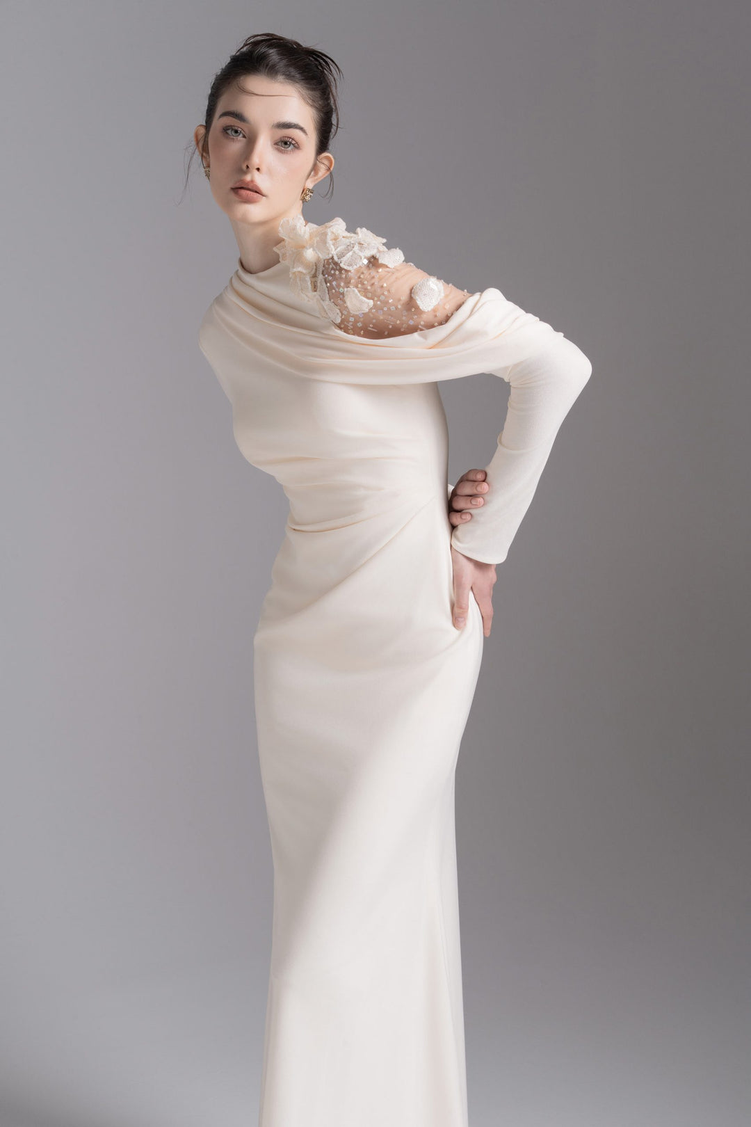 Asymmetric embellished shoulder gown – NOCTURNE