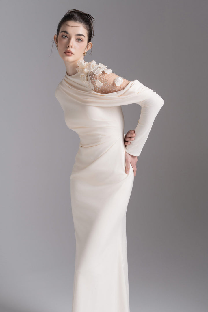 Asymmetric embellished shoulder gown – NOCTURNE