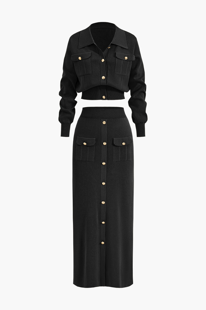 Cropped Button-Up Knit Top And Maxi Skirt Set