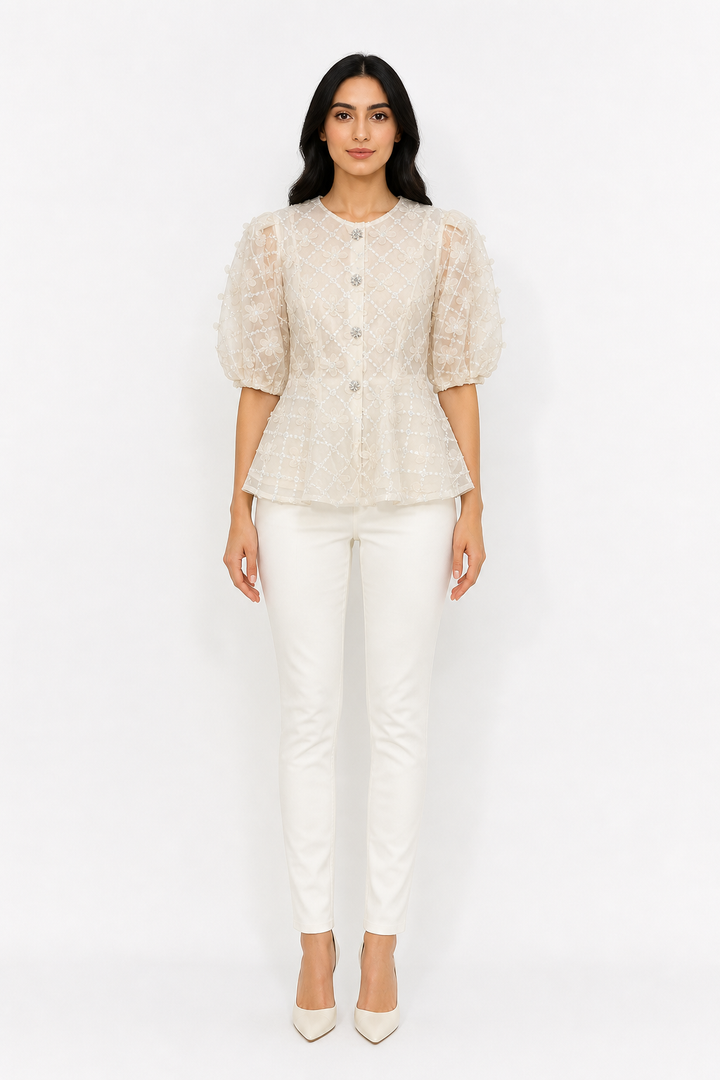 Blush Floral Embroidered Peplum Blouse – ROSÉLIA