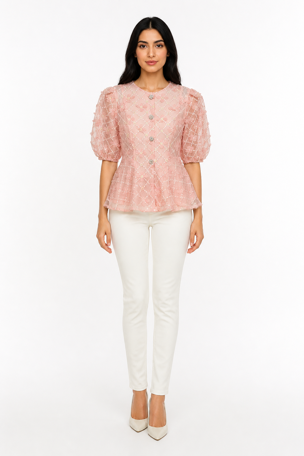 Blush Floral Embroidered Peplum Blouse – ROSÉLIA