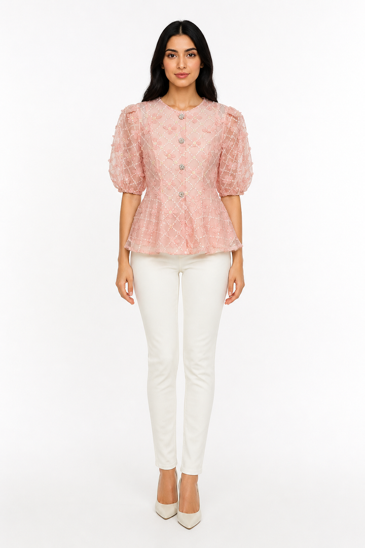 Blush Floral Embroidered Peplum Blouse – ROSÉLIA