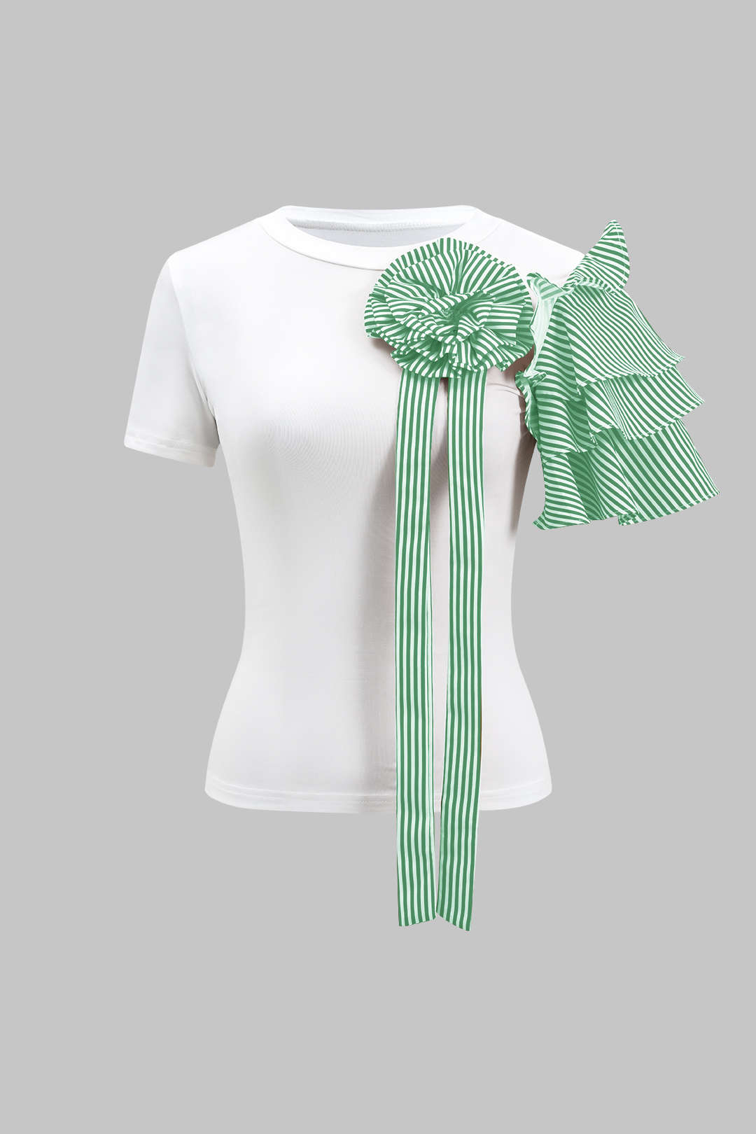 Stripe Print 3D Floral Short Sleeve Top And Button Wide Leg Trousers Set