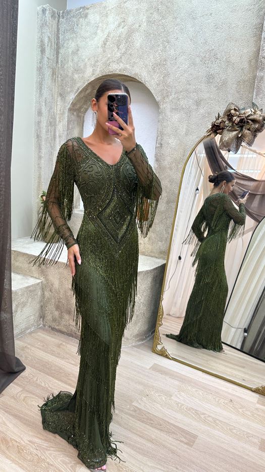 Olive Green Beaded Fringe Evening Gown - LANSA