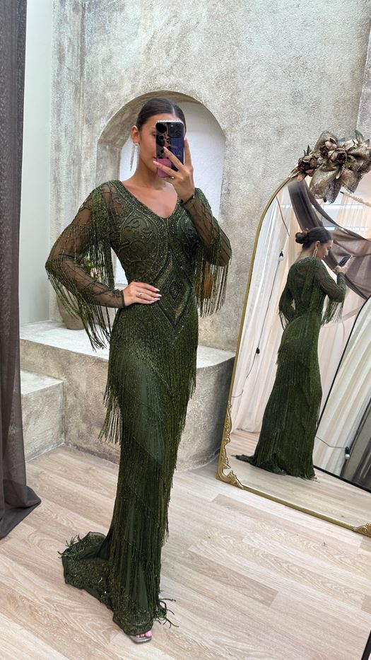 Olive Green Beaded Fringe Evening Gown - LANSA