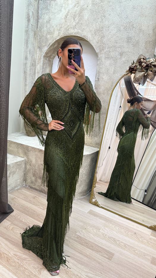 Olive Green Beaded Fringe Evening Gown - LANSA