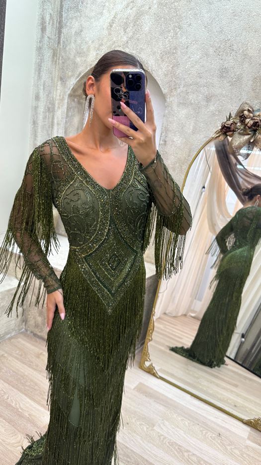 Olive Green Beaded Fringe Evening Gown - LANSA