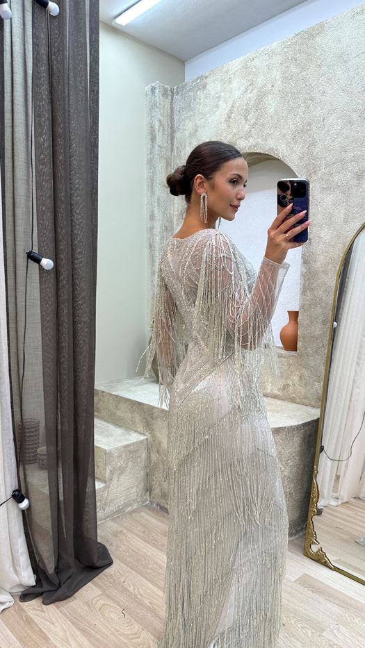 Olive Green Beaded Fringe Evening Gown - LANSA