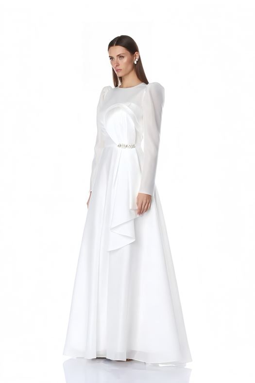 Elegant White Maxi Dress with Sculpted Ruffle Detail and Crystal Accent - QOLEE