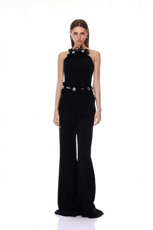 Elegant Floral Halter Jumpsuit with Wide-Leg Pants- FILYA