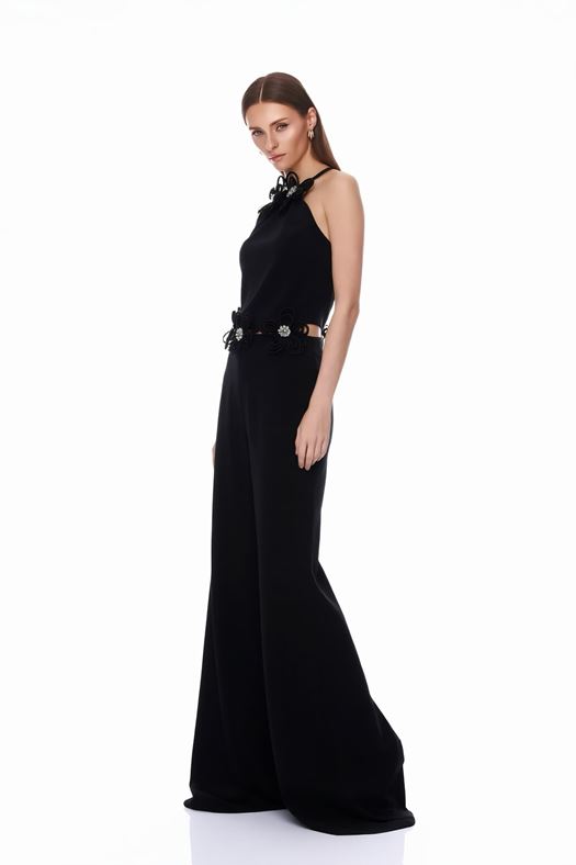 Elegant Floral Halter Jumpsuit with Wide-Leg Pants- FILYA
