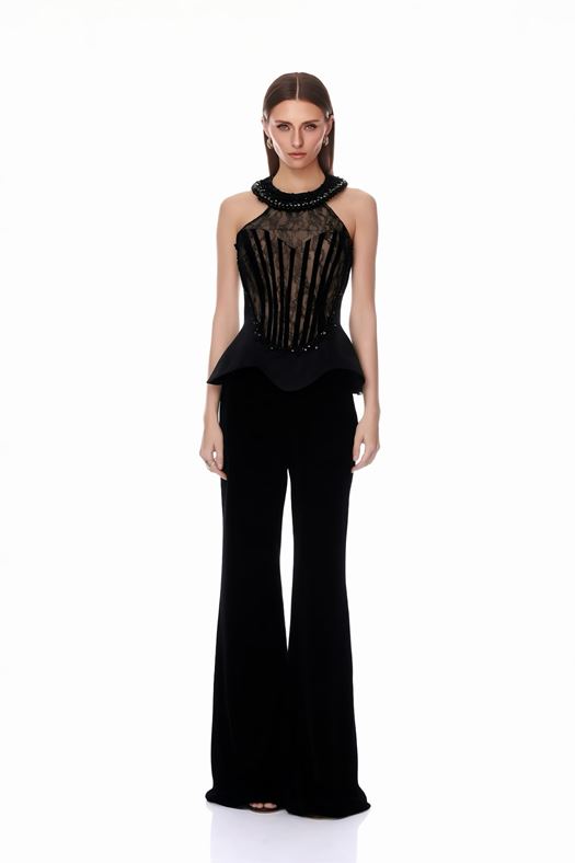Luxury Embellished Peplum Jumpsuit with Wide-Leg Pants - DILYA