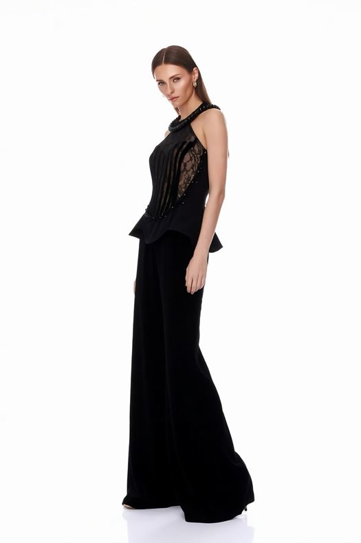 Luxury Embellished Peplum Jumpsuit with Wide-Leg Pants - DILYA