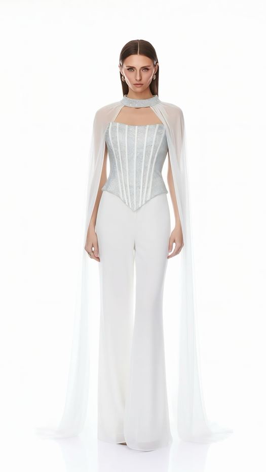 Luxurious Corset Jumpsuit with Sheer Cap Sleeves - FILYA