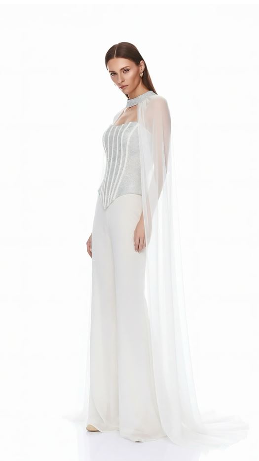 Luxurious Corset Jumpsuit with Sheer Cap Sleeves - FILYA