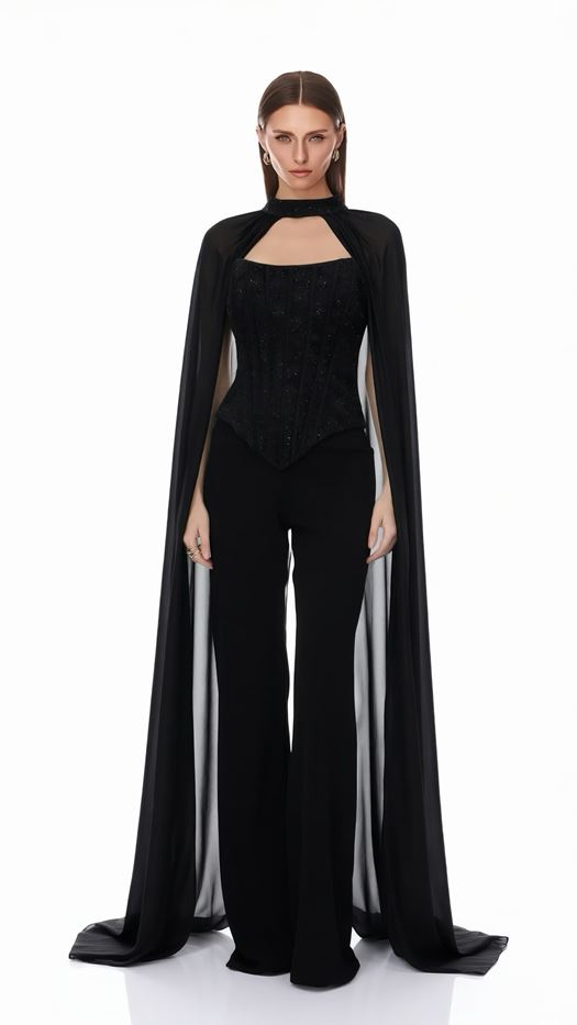 Luxurious Corset Jumpsuit with Sheer Cap Sleeves - FILYA