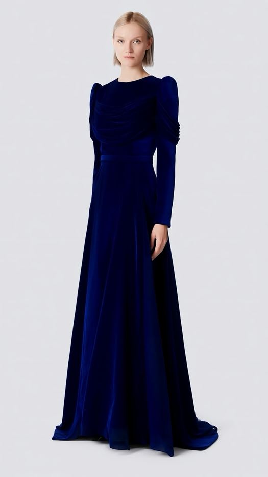 Elegant evening dress with a draped bodice and puffed sleeves - Lena