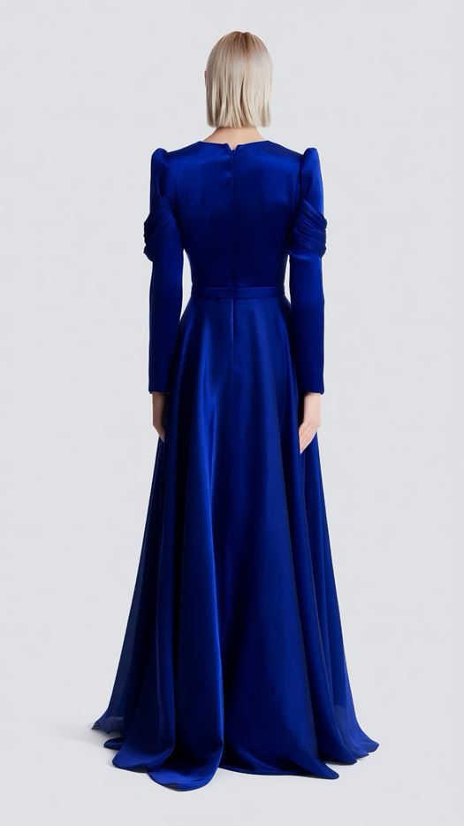 Elegant evening dress with a draped bodice and puffed sleeves - Lena